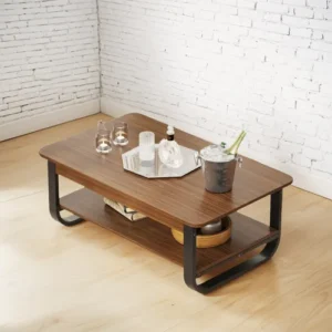 Table basse rectangulaire moderne en noyer avec un cadre noir