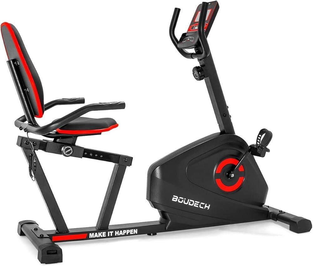 Vélo d’appartement horizontal à résistance magnétique réglable. Il dispose d’un siège ergonomique grand et confortable avec dossier. – Image 2