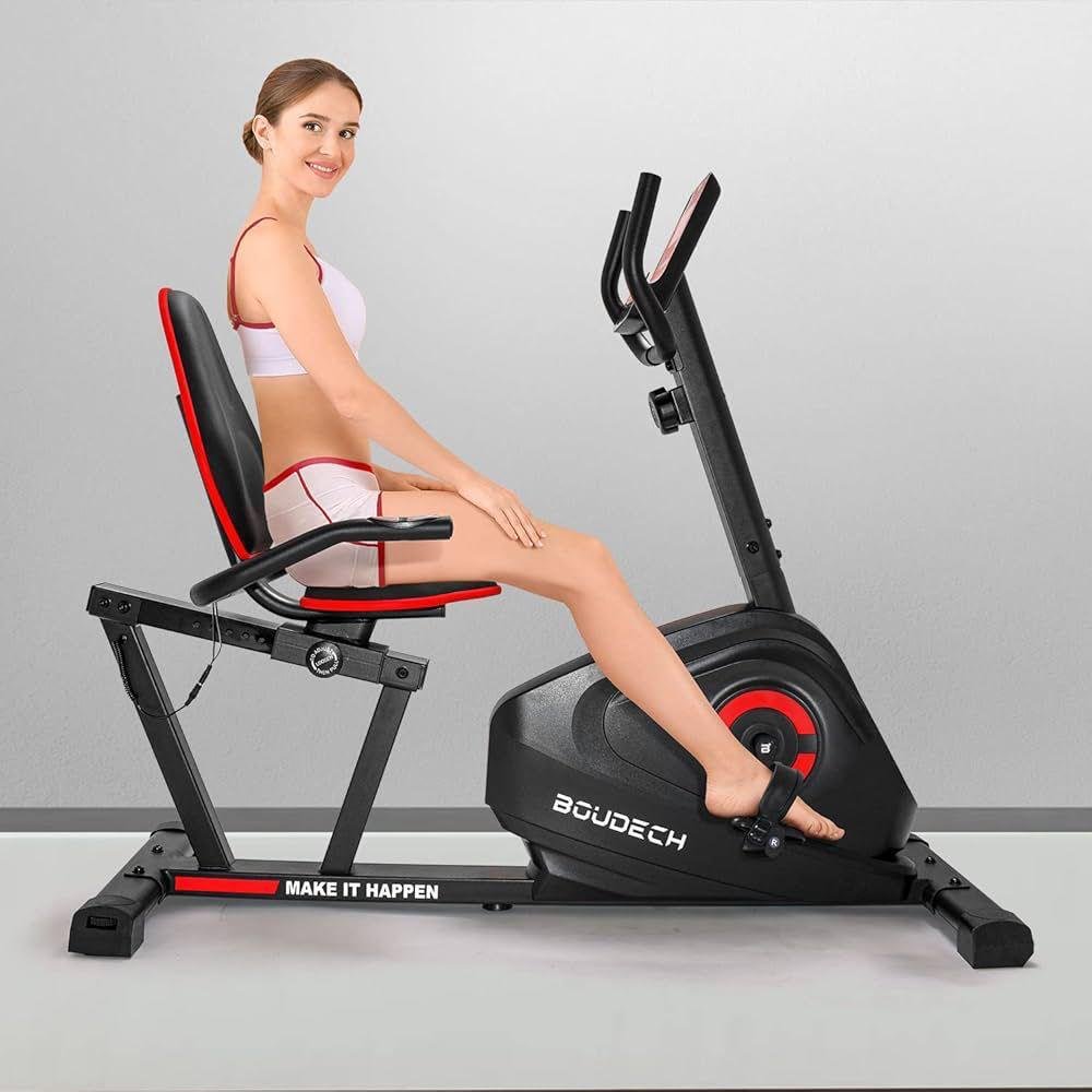 Vélo d’appartement horizontal à résistance magnétique réglable. Il dispose d’un siège ergonomique grand et confortable avec dossier.