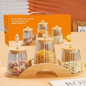 bocaux de rangement en verre borosilicate avec couvercles en bambou et un support en bois 3 pièces