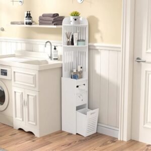 armoire d'angle de salle de bain blanche