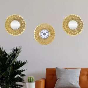 Ensemble Décoratif Mural Soleil – Horloge & Miroirs Élégance Dorée