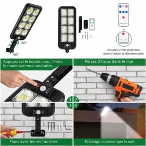 Lampe Solaire d’Extérieur avec Télécommande, Applique Murale à Détecteur de Mouvement 200 LED, 3 Modes d’Éclairage, Étanche pour Jardin, Cour et Allée
