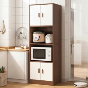 étagère de cuisine moderne mesure 60 cm de large, 34 cm de profondeur et 162 cm de haut, avec une structure en noyer et des portes blanches